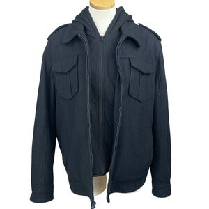 GUESS Mens (L) Military Black Jacket Zip-Out Hoodie Pockets Coat Utility Lined